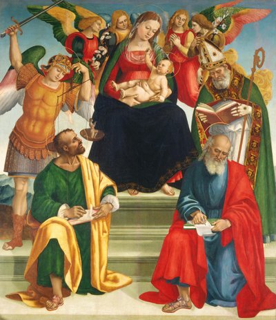 Madonna y el Niño con santos y ángeles de Luca Signorelli